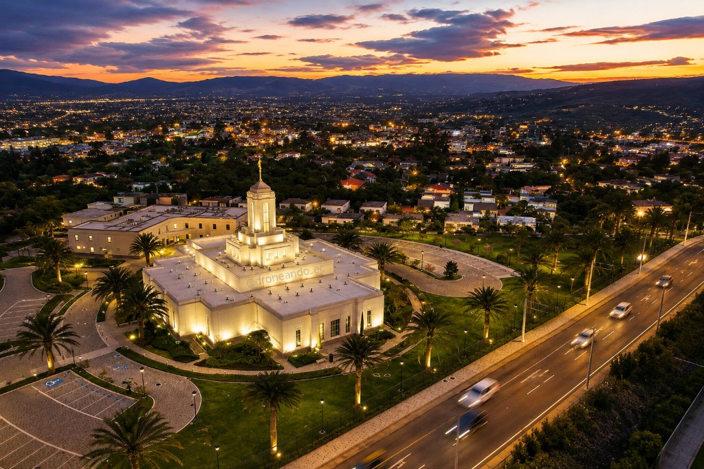 Edificio iluminado al atardecer sobre el valle de Quito